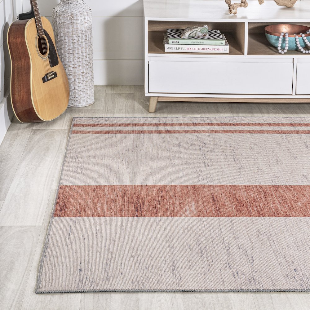 Raita Modern Distressed Stripe Machine Washable Area Rug