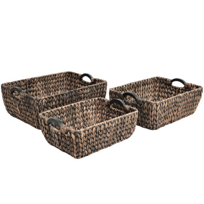 Water Hyacinth Nesting Storage Baskets with Wood Handles, Brown (Set of 3)