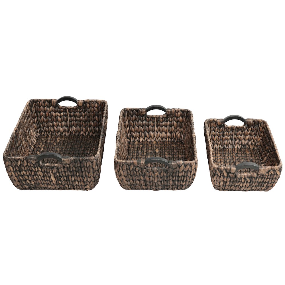 Water Hyacinth Nesting Storage Baskets with Wood Handles, Brown (Set of 3)