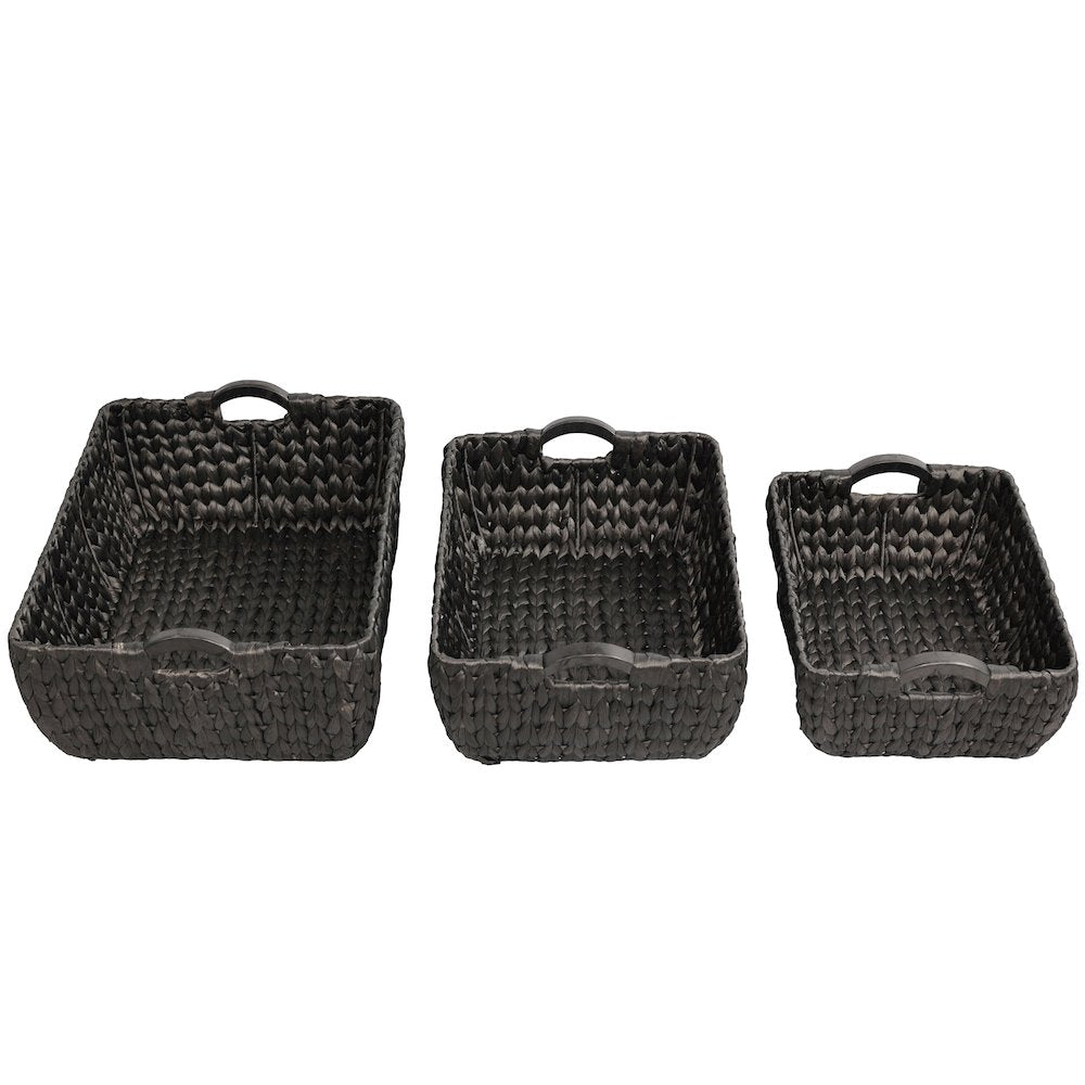 Water Hyacinth Nesting Storage Baskets with Wood Handles, Black (Set of 3)