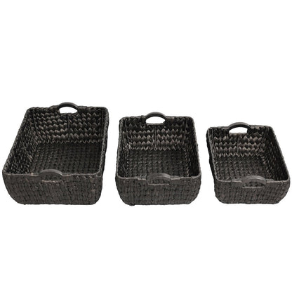 Water Hyacinth Nesting Storage Baskets with Wood Handles, Black (Set of 3)