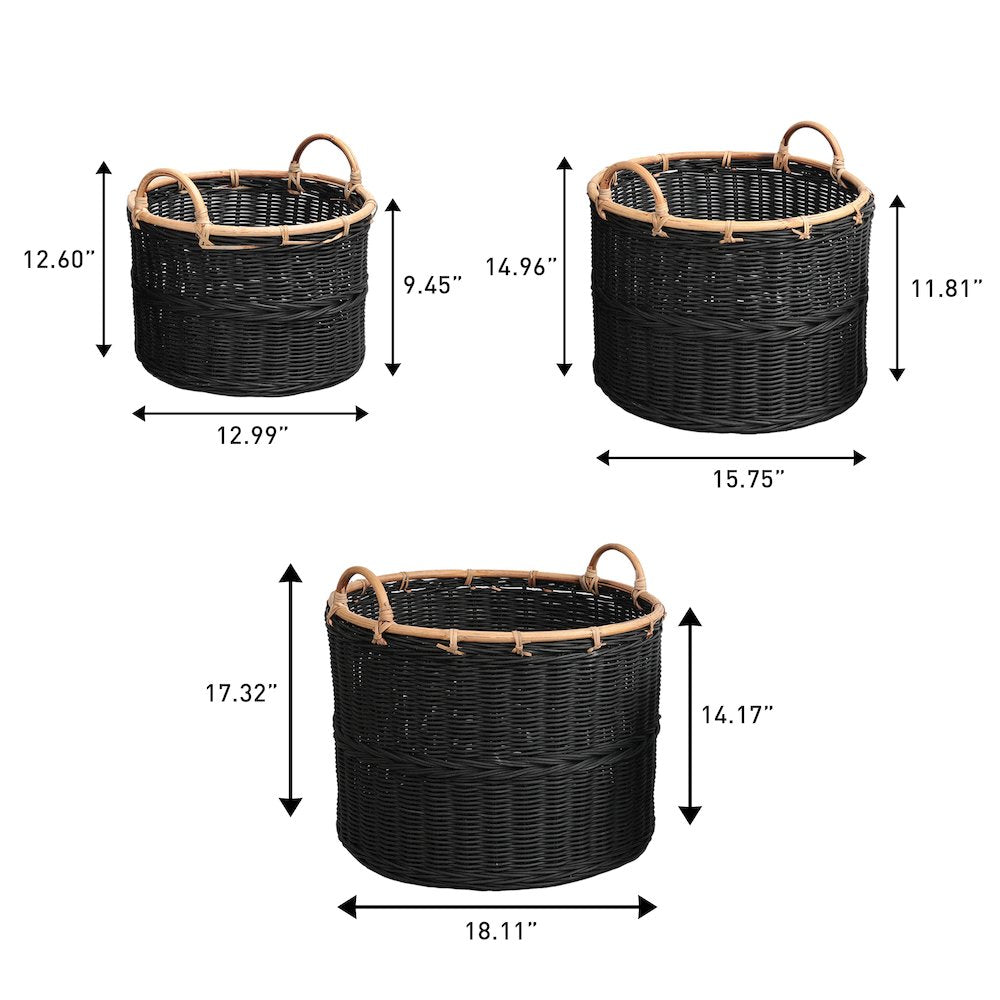 Handwoven Rattan Nesting Storage Baskets with Handles, Black (Set of 3)