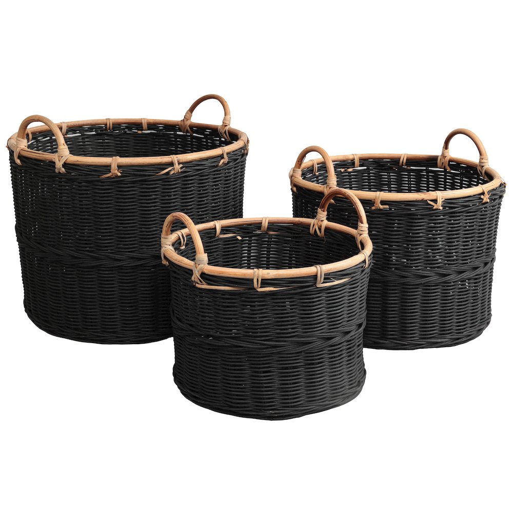 Handwoven Rattan Nesting Storage Baskets with Handles, Black (Set of 3)