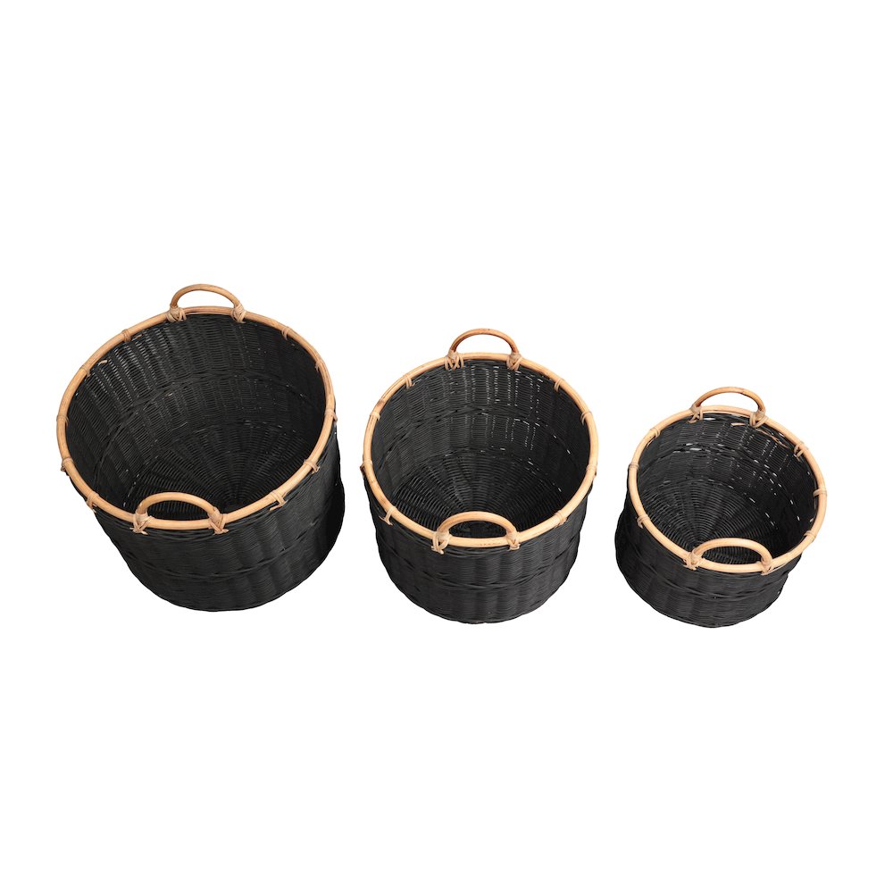 Handwoven Rattan Nesting Storage Baskets with Handles, Black (Set of 3)