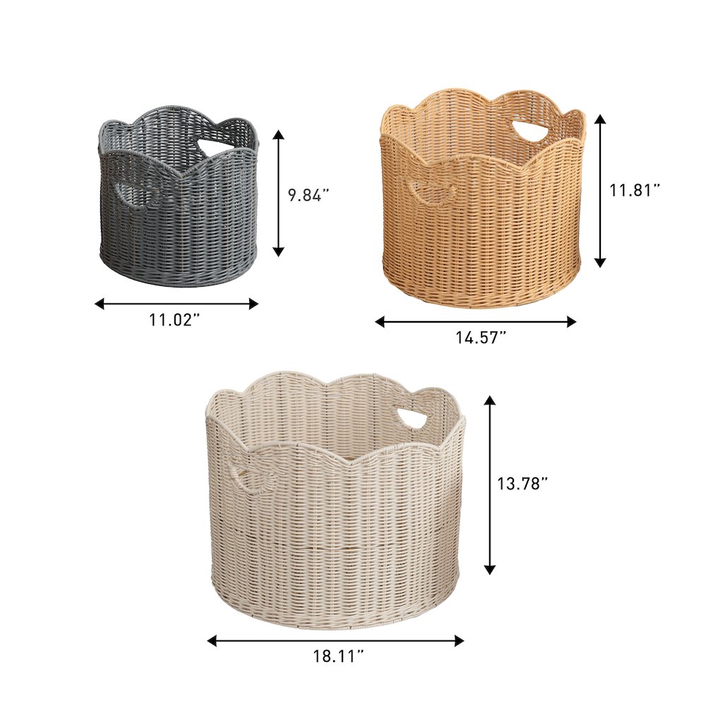 Resin/Metal Scalloped Nesting Storage Baskets, Almond/Natural/Gray (Set of 3)