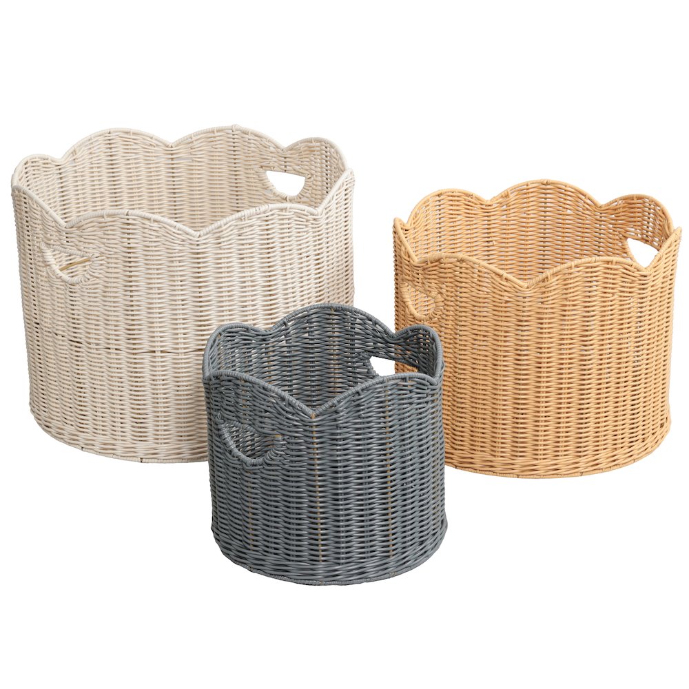 Resin/Metal Scalloped Nesting Storage Baskets, Almond/Natural/Gray (Set of 3)