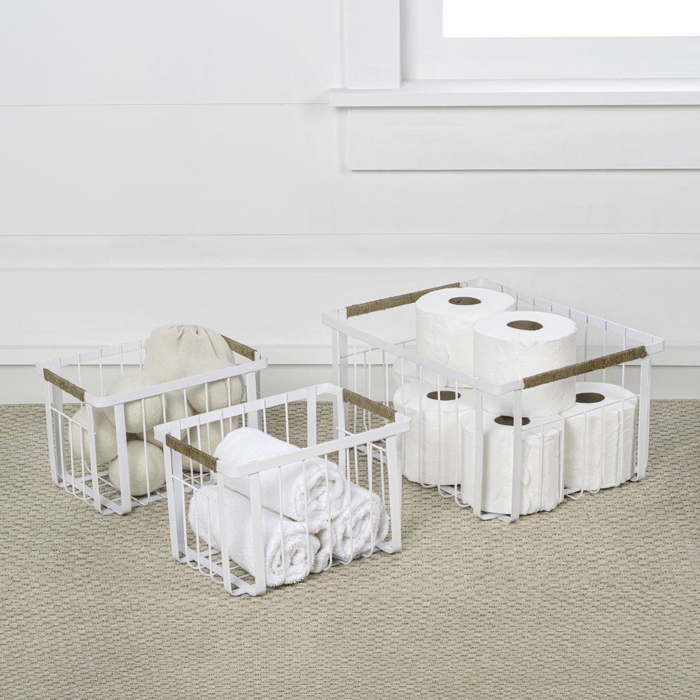 Vintage Farmhouse Handmade Wire Metal Nesting Storage Baskets, White (Set of 3)