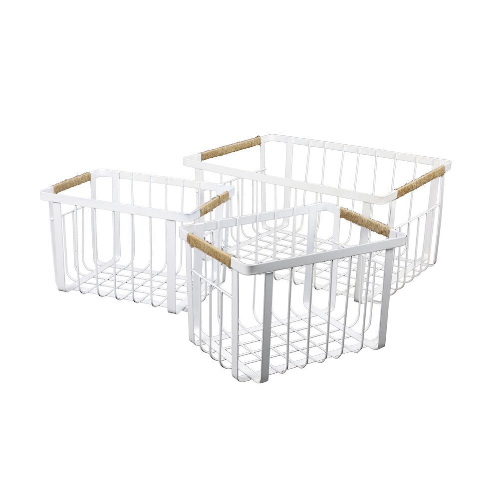 Vintage Farmhouse Handmade Wire Metal Nesting Storage Baskets, White (Set of 3)