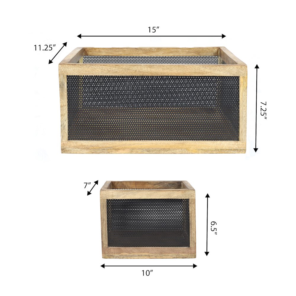 Fallon Handmade Wooden Metal Nesting Storage Baskets, Black/Natural (Set of 3)