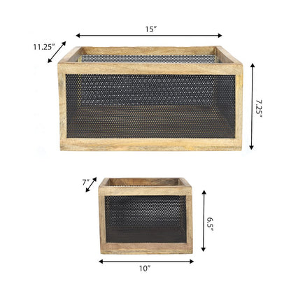 Fallon Handmade Wooden Metal Nesting Storage Baskets, Black/Natural (Set of 3)