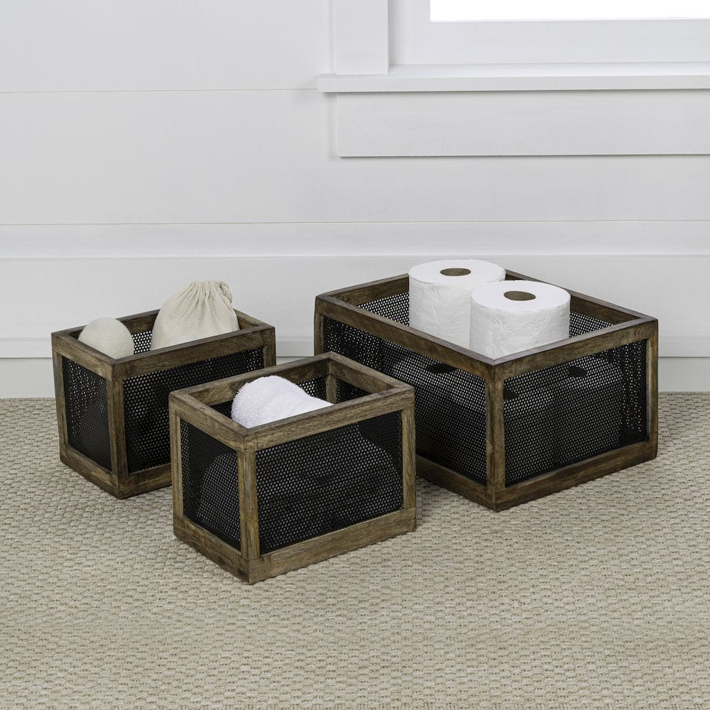 Fallon Handmade Wooden Metal Nesting Storage Baskets, Black/Natural (Set of 3)