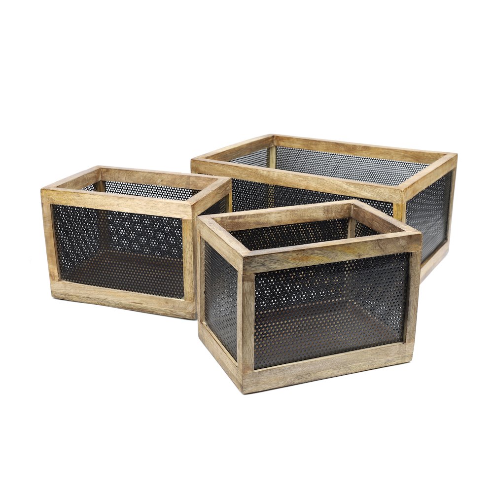 Fallon Handmade Wooden Metal Nesting Storage Baskets, Black/Natural (Set of 3)
