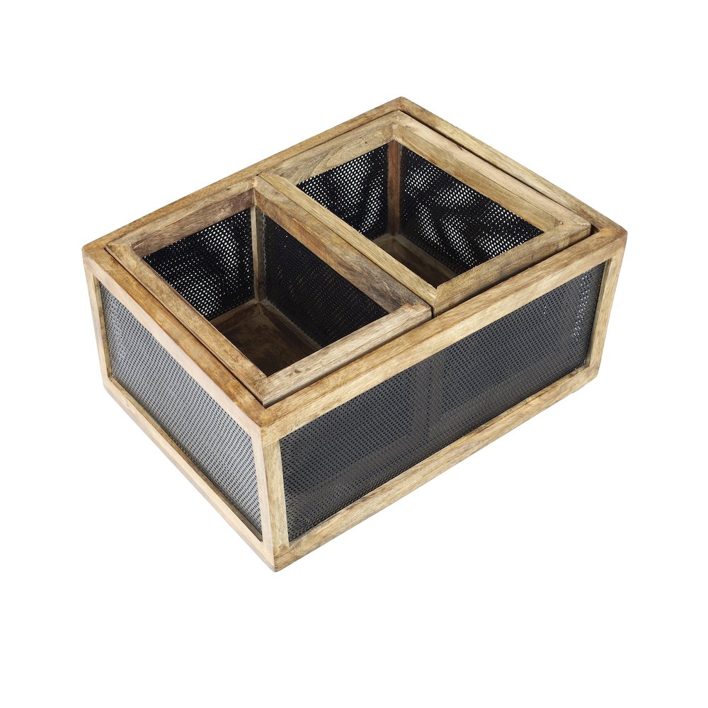 Fallon Handmade Wooden Metal Nesting Storage Baskets, Black/Natural (Set of 3)