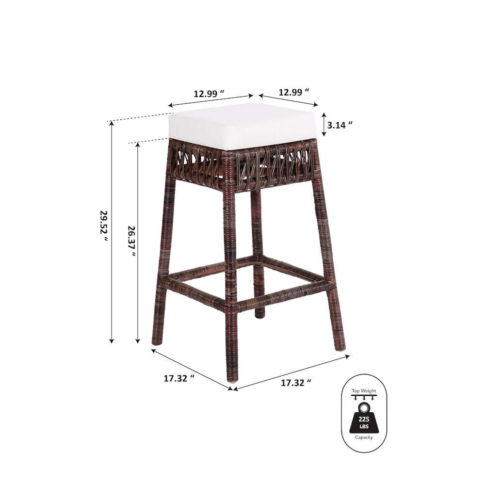 Atas 29.5" Dark Brown Woven Rattan Backless Bar Stool w/ White Cushion