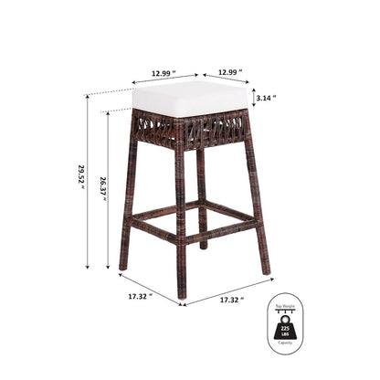 Atas 29.5" Dark Brown Woven Rattan Backless Bar Stool w/ White Cushion