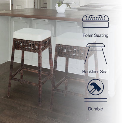 Atas 29.5" Dark Brown Woven Rattan Backless Bar Stool w/ White Cushion