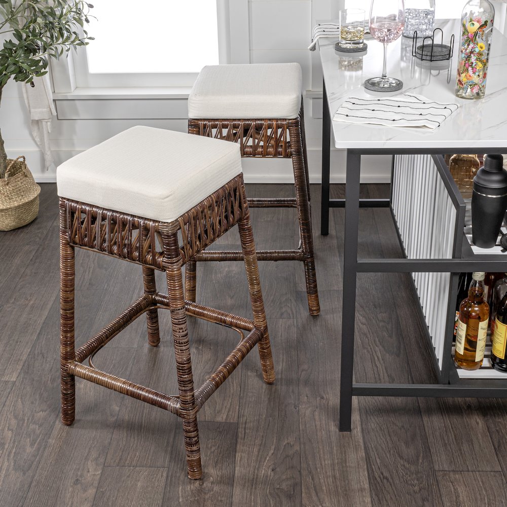 Atas 29.5" Dark Brown Woven Rattan Backless Bar Stool w/ White Cushion