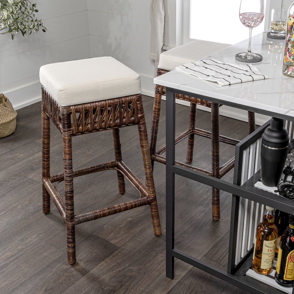 Atas 29.5" Dark Brown Woven Rattan Backless Bar Stool w/ White Cushion