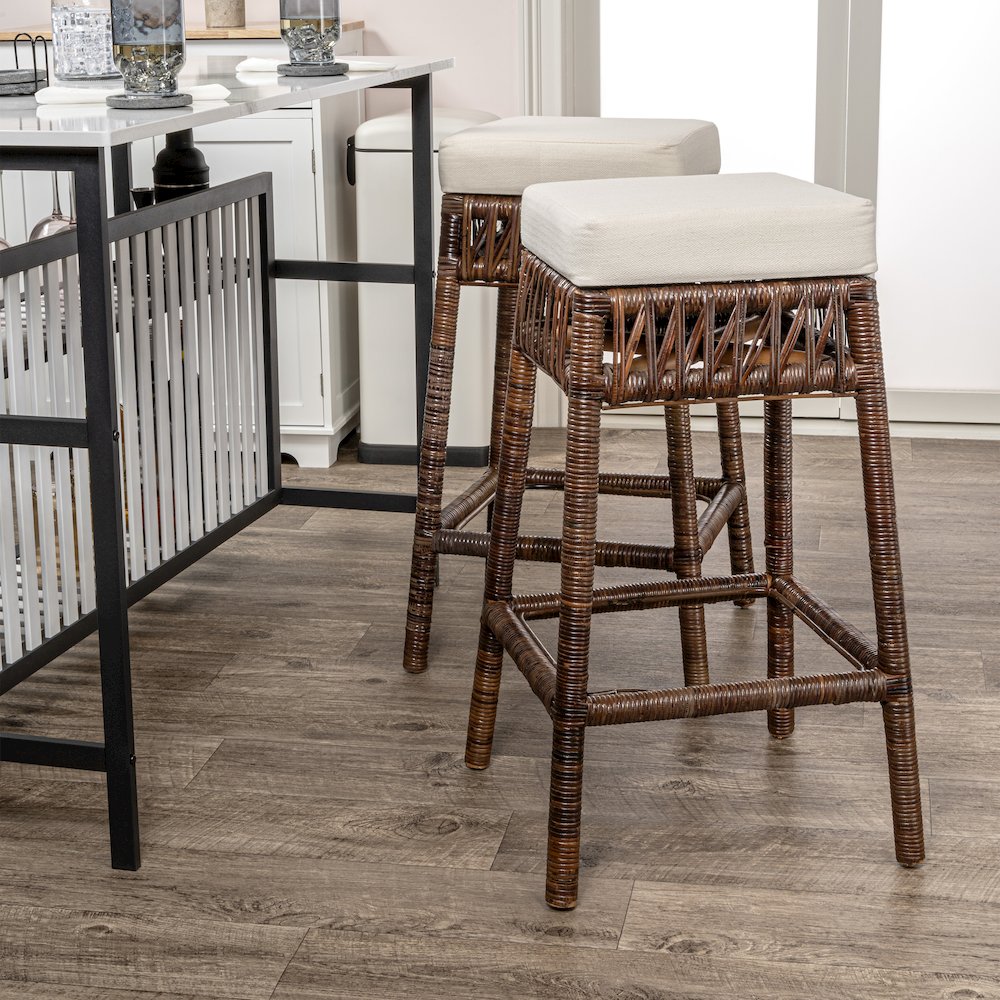 Atas 29.5" Dark Brown Woven Rattan Backless Bar Stool w/ White Cushion