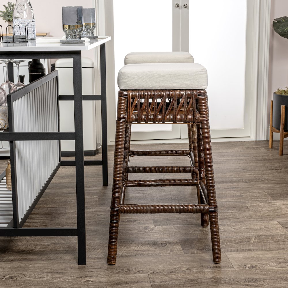 Atas 29.5" Dark Brown Woven Rattan Backless Bar Stool w/ White Cushion
