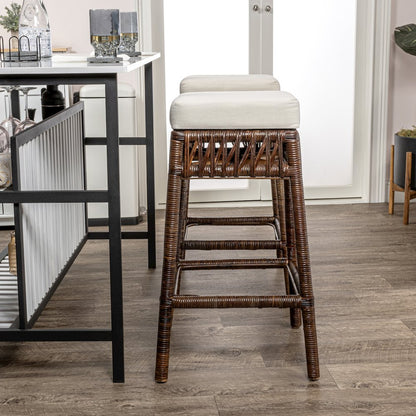 Atas 29.5" Dark Brown Woven Rattan Backless Bar Stool w/ White Cushion
