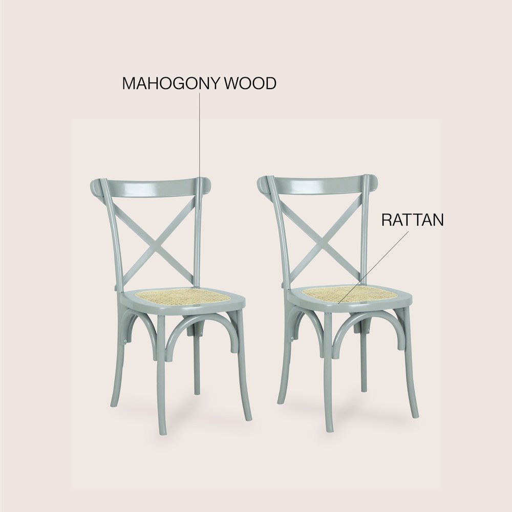 Spana Gray Mahogany Wood Cross-Back Dining Chairs w/ Rattan Seat, Set of 2