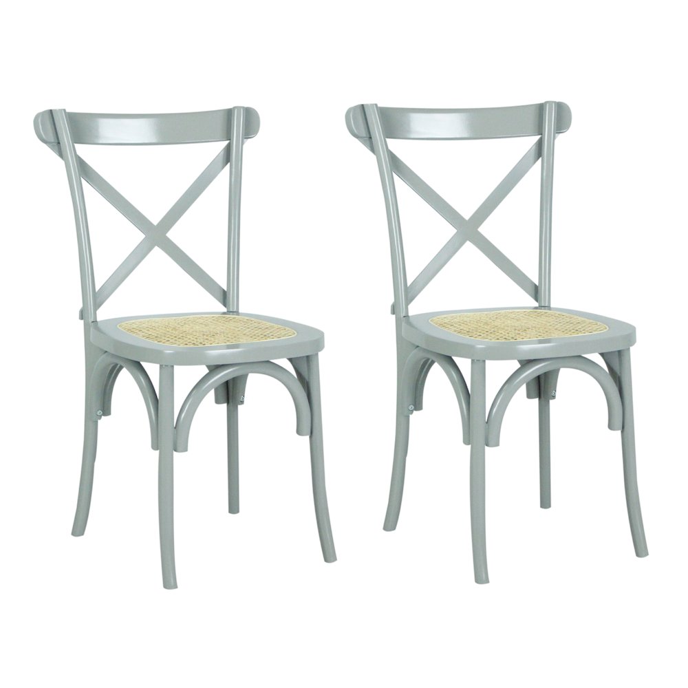 Spana Gray Mahogany Wood Cross-Back Dining Chairs w/ Rattan Seat, Set of 2