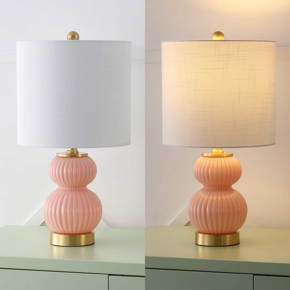 20" Contemporary Transitional Metal/Glass Ribbed Gourd LED Table Lamp, Pink