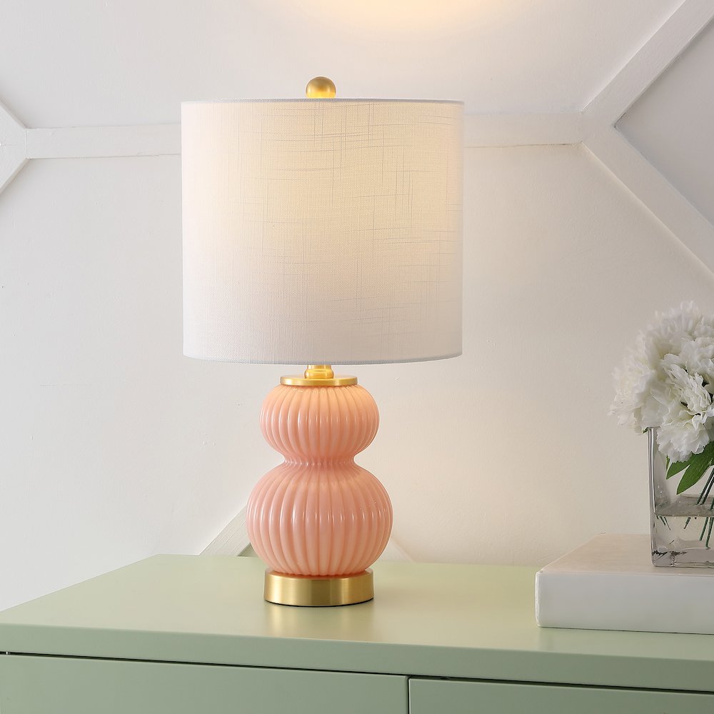 20" Contemporary Transitional Metal/Glass Ribbed Gourd LED Table Lamp, Pink