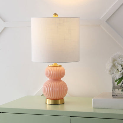 20" Contemporary Transitional Metal/Glass Ribbed Gourd LED Table Lamp, Pink