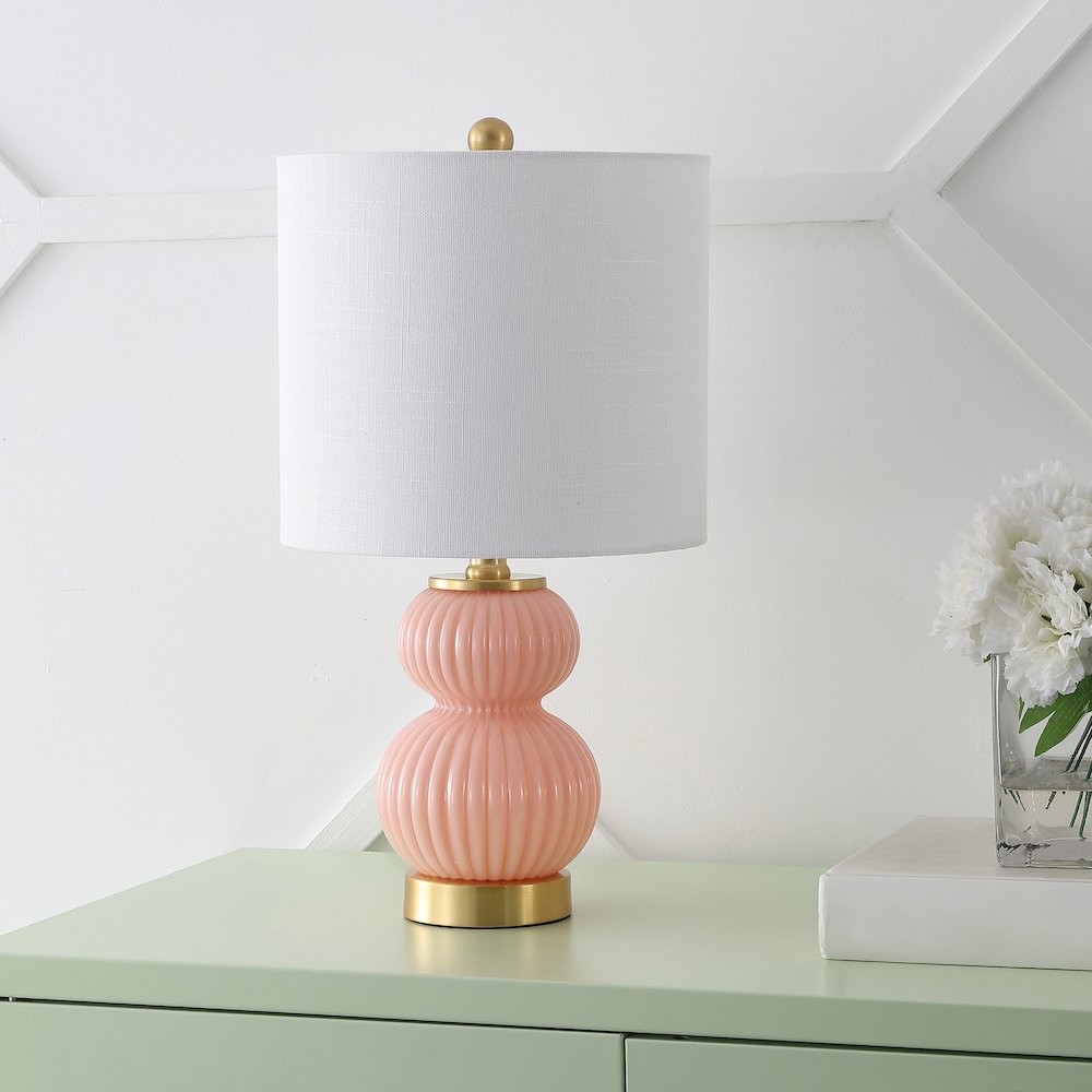 20" Contemporary Transitional Metal/Glass Ribbed Gourd LED Table Lamp, Pink