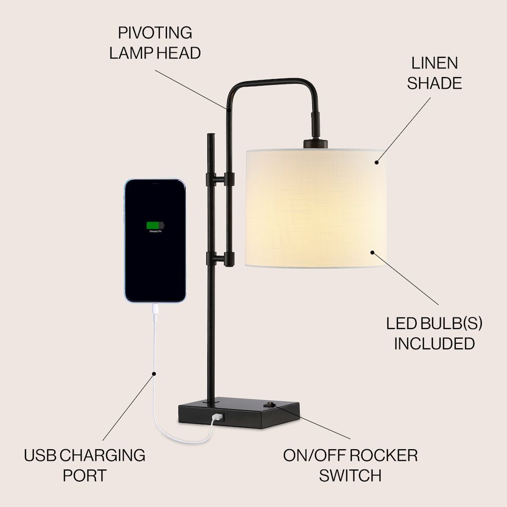 Edris Industrial Designer Metal Led Task Lamp With Usb Charging Port