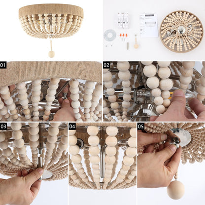 Justina Wood Bead Farmhouse Bohemian Iron Led Flush Mount