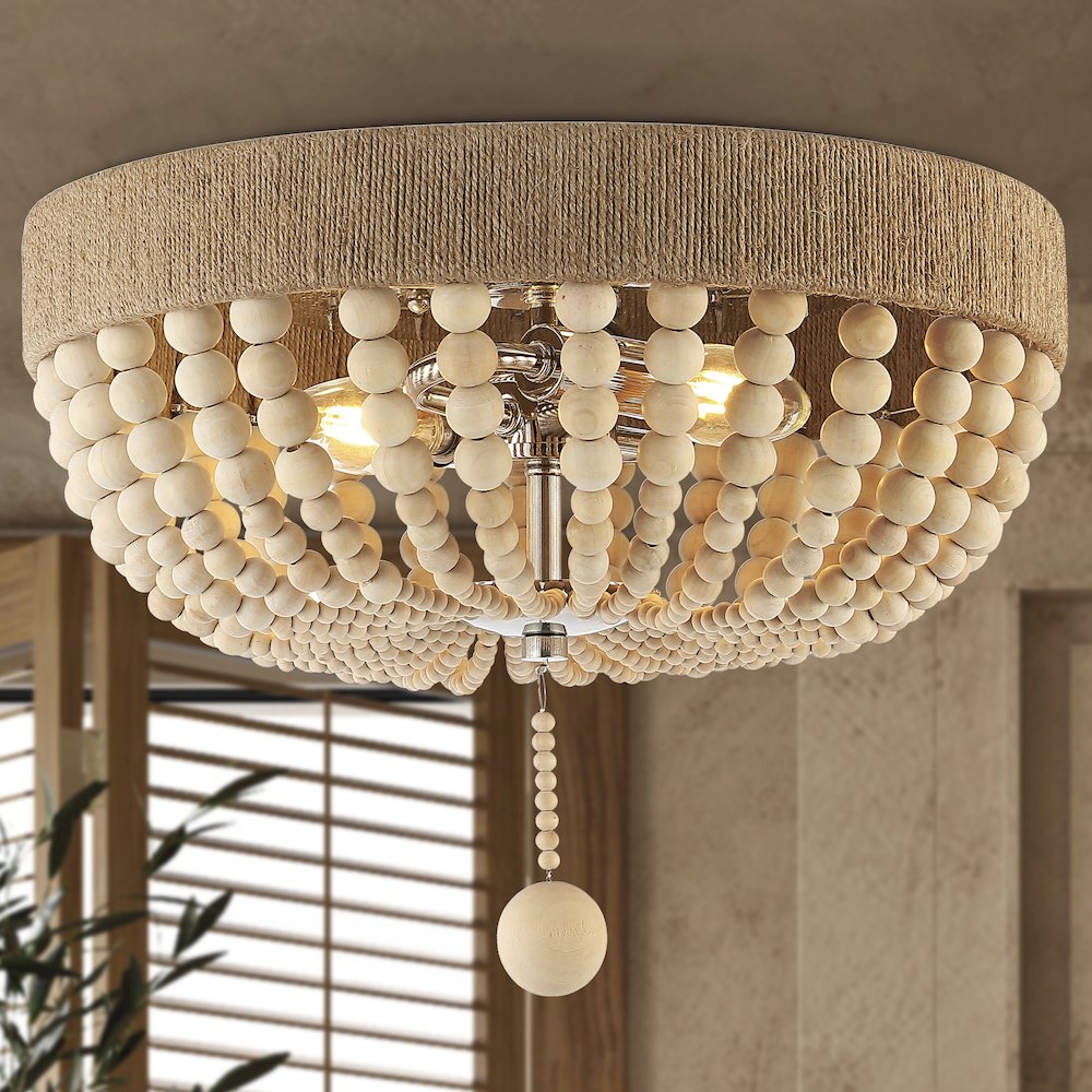 Justina Wood Bead Farmhouse Bohemian Iron Led Flush Mount