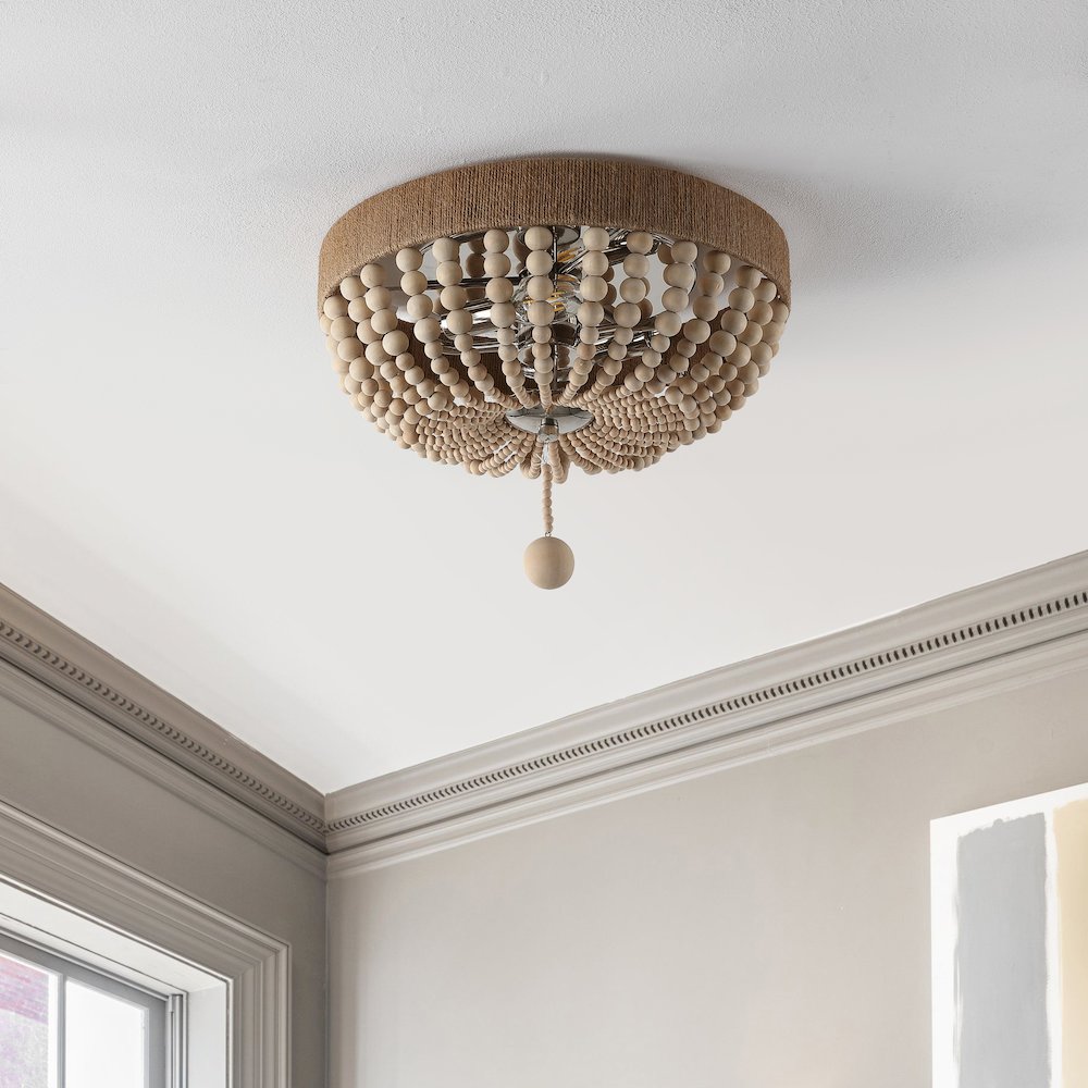 Justina Wood Bead Farmhouse Bohemian Iron Led Flush Mount