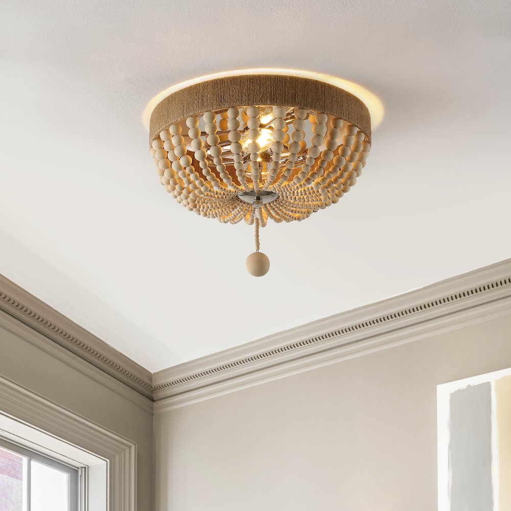 Justina Wood Bead Farmhouse Bohemian Iron Led Flush Mount