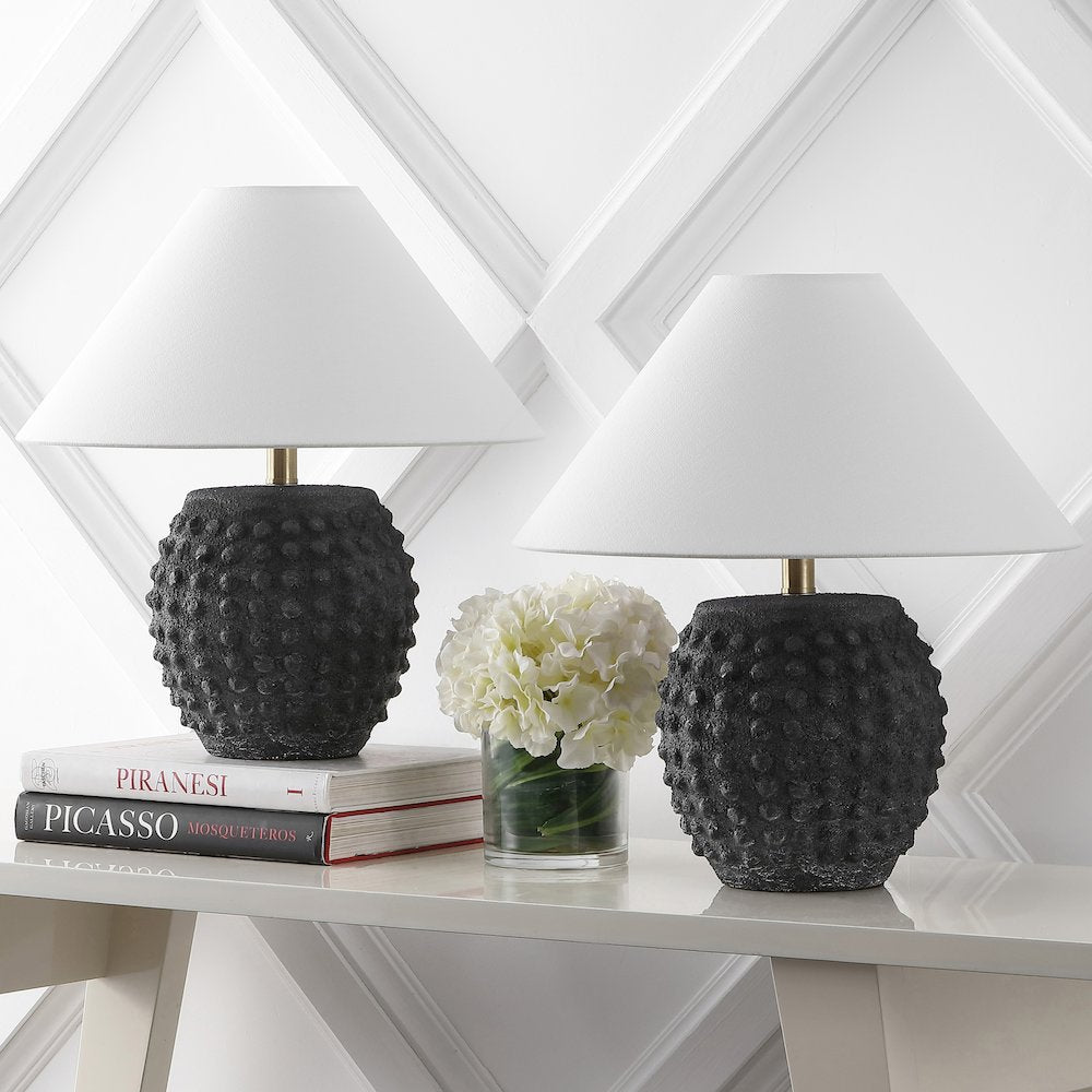 18.25" Scandinavian Ceramic/Iron Hobnail LED Table Lamp, Matte Black (Set of 2)