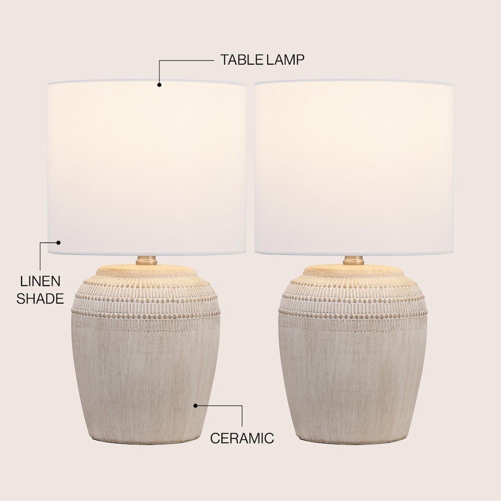 Hugo Traditional Rustic Reeded Ceramic Vase LED Table Lamp Antique White (Set