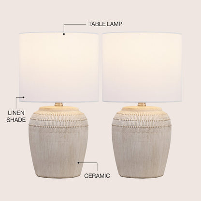 Hugo Traditional Rustic Reeded Ceramic Vase LED Table Lamp Antique White (Set