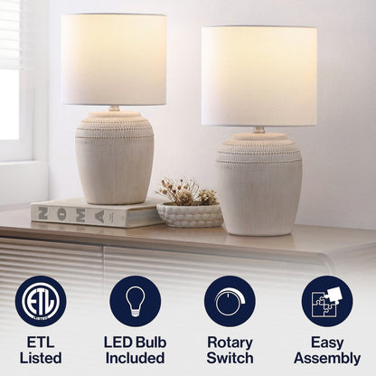 Hugo Traditional Rustic Reeded Ceramic Vase LED Table Lamp Antique White (Set