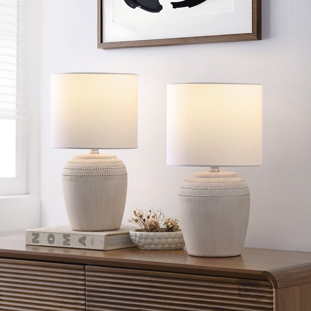 Hugo Traditional Rustic Reeded Ceramic Vase LED Table Lamp Antique White (Set