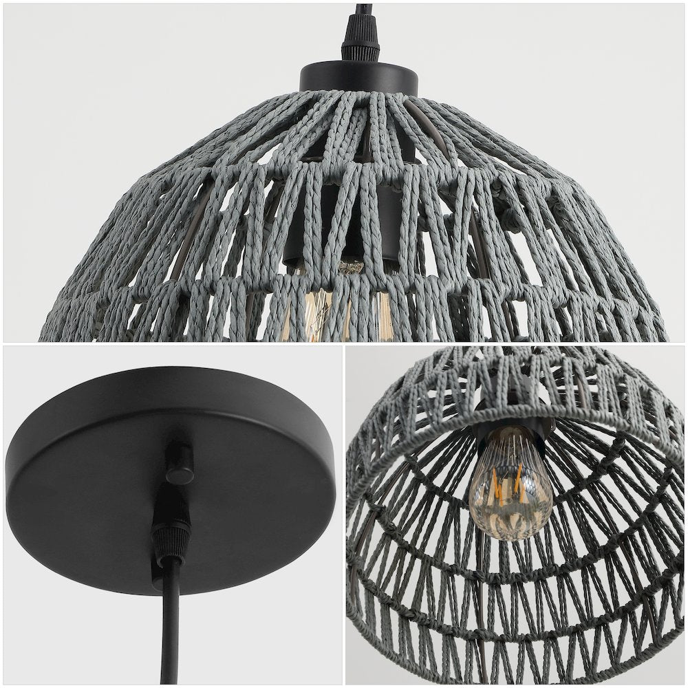Campana 10.25" 1-Light Bohemian Modern Woven Rope/Iron LED Pendant, Gray