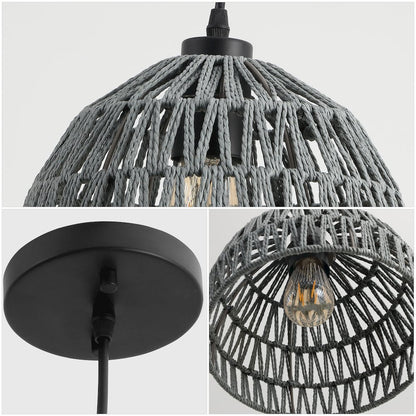 Campana 10.25" 1-Light Bohemian Modern Woven Rope/Iron LED Pendant, Gray