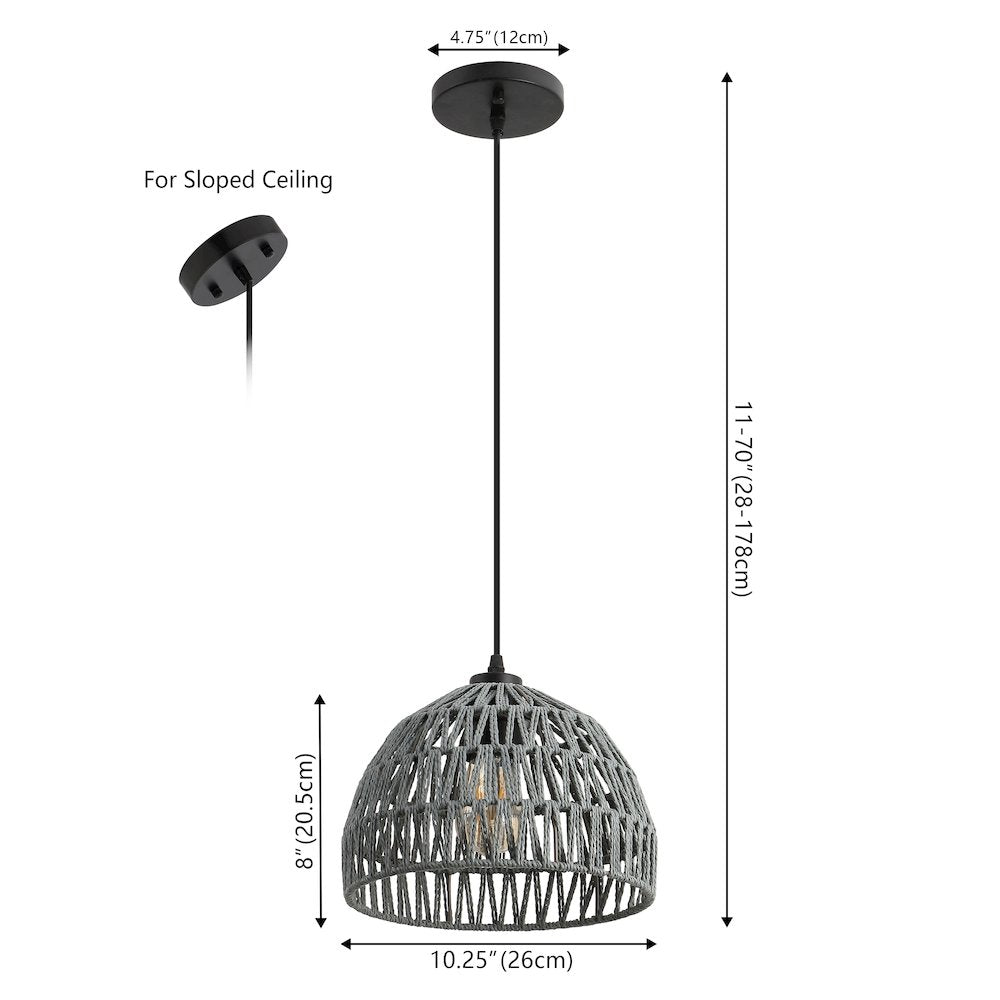 Campana 10.25" 1-Light Bohemian Modern Woven Rope/Iron LED Pendant, Gray