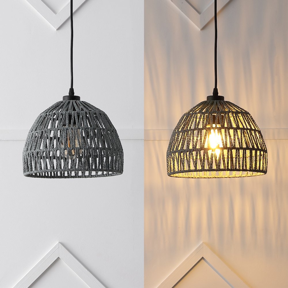 Campana 10.25" 1-Light Bohemian Modern Woven Rope/Iron LED Pendant, Gray