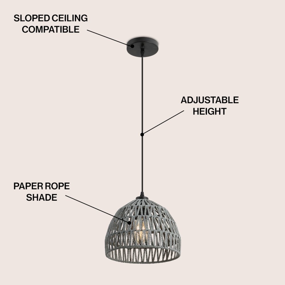 Campana 10.25" 1-Light Bohemian Modern Woven Rope/Iron LED Pendant, Gray