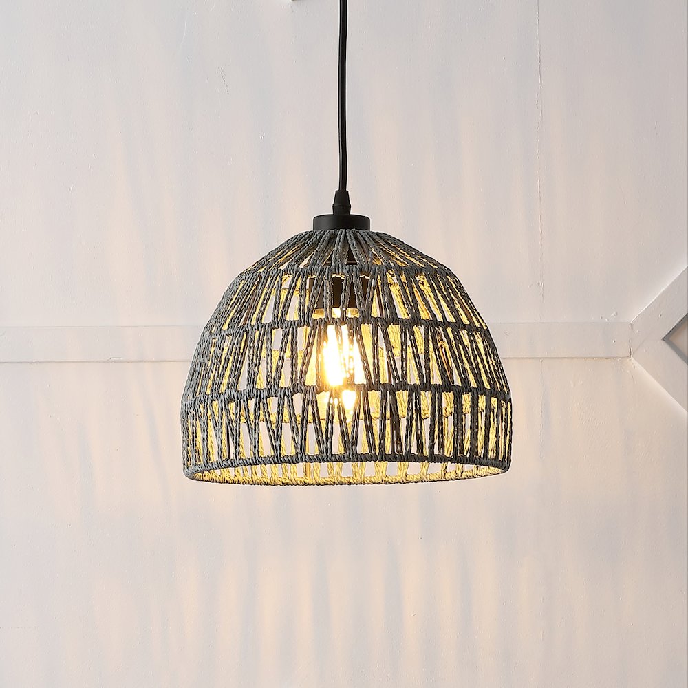 Campana 10.25" 1-Light Bohemian Modern Woven Rope/Iron LED Pendant, Gray