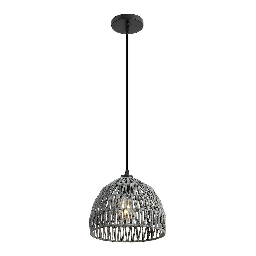 Campana 10.25" 1-Light Bohemian Modern Woven Rope/Iron LED Pendant, Gray