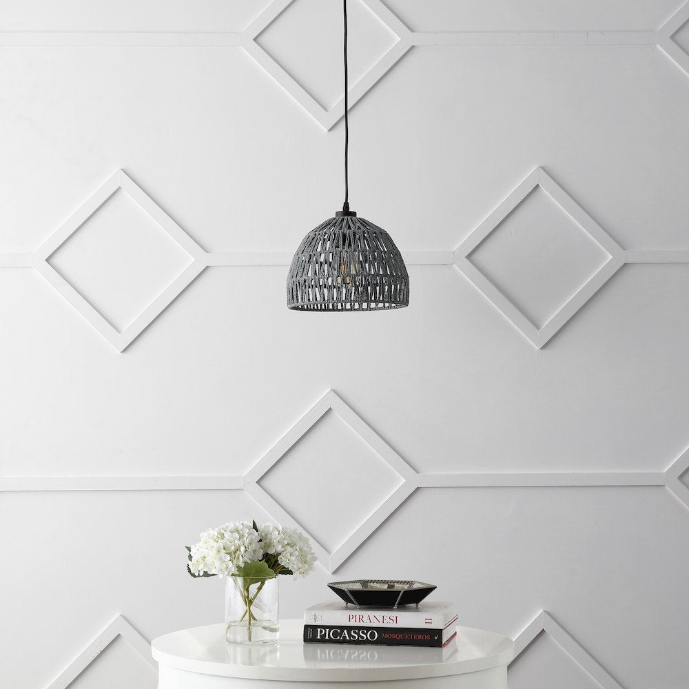 Campana 10.25" 1-Light Bohemian Modern Woven Rope/Iron LED Pendant, Gray