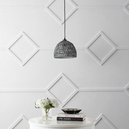 Campana 10.25" 1-Light Bohemian Modern Woven Rope/Iron LED Pendant, Gray